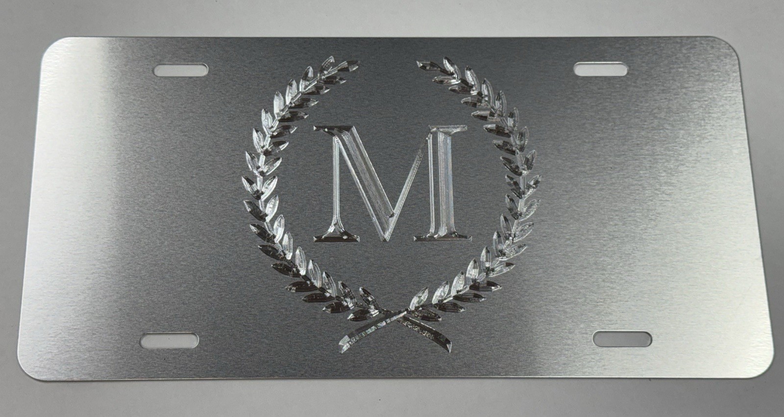 Custom Engraved Monogram Crest Car Tag Diamond Etched Silver Metal License Plate
