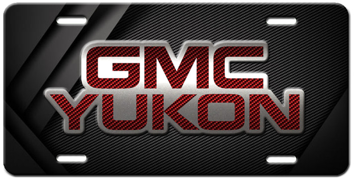 Red and Silver GMC Yukon Logo on Black Abstract Art Aluminum License Plate Tag
