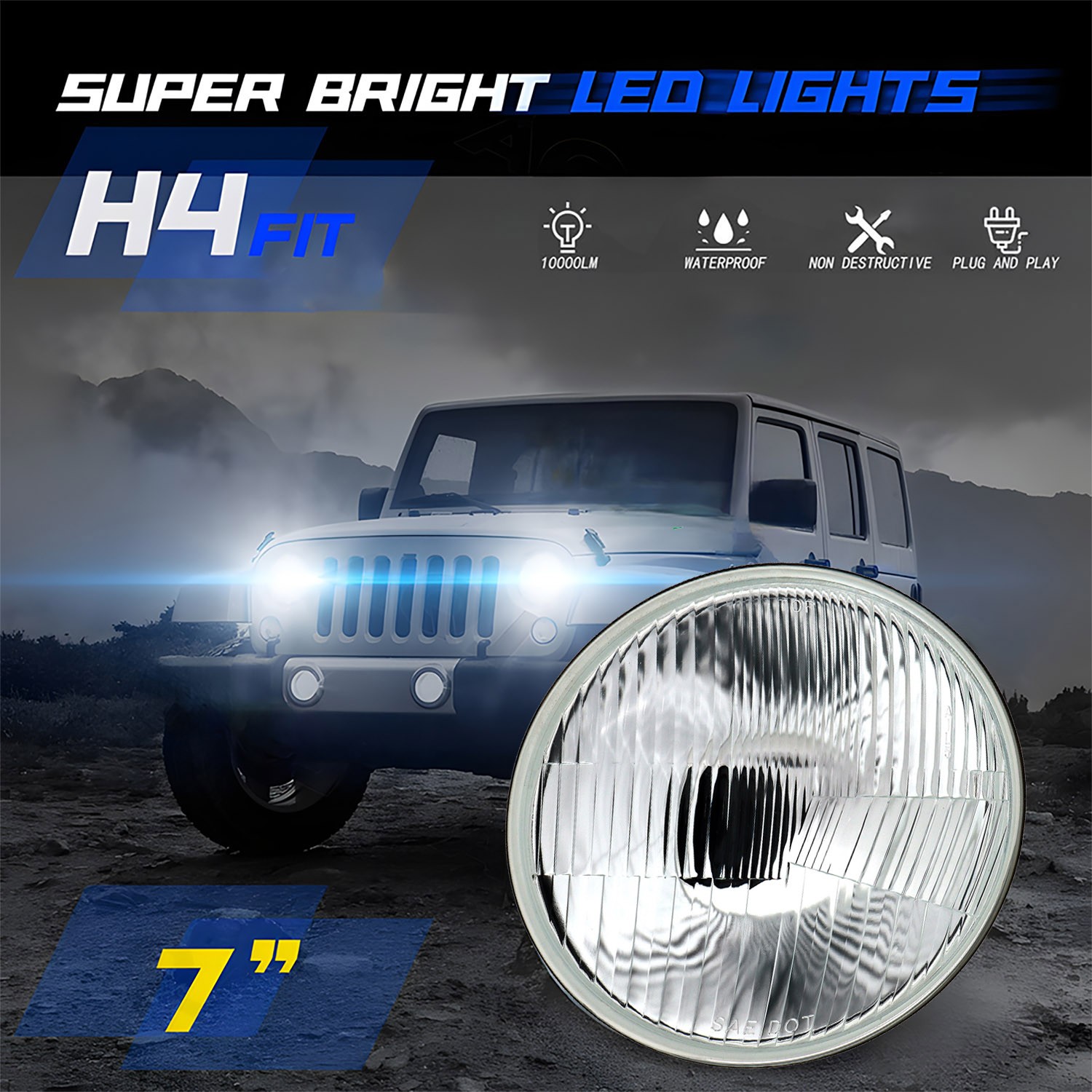 7″ inch Round LED Projector Hi/Lo Beam Headlights Kit For 1950-1979 Beetle