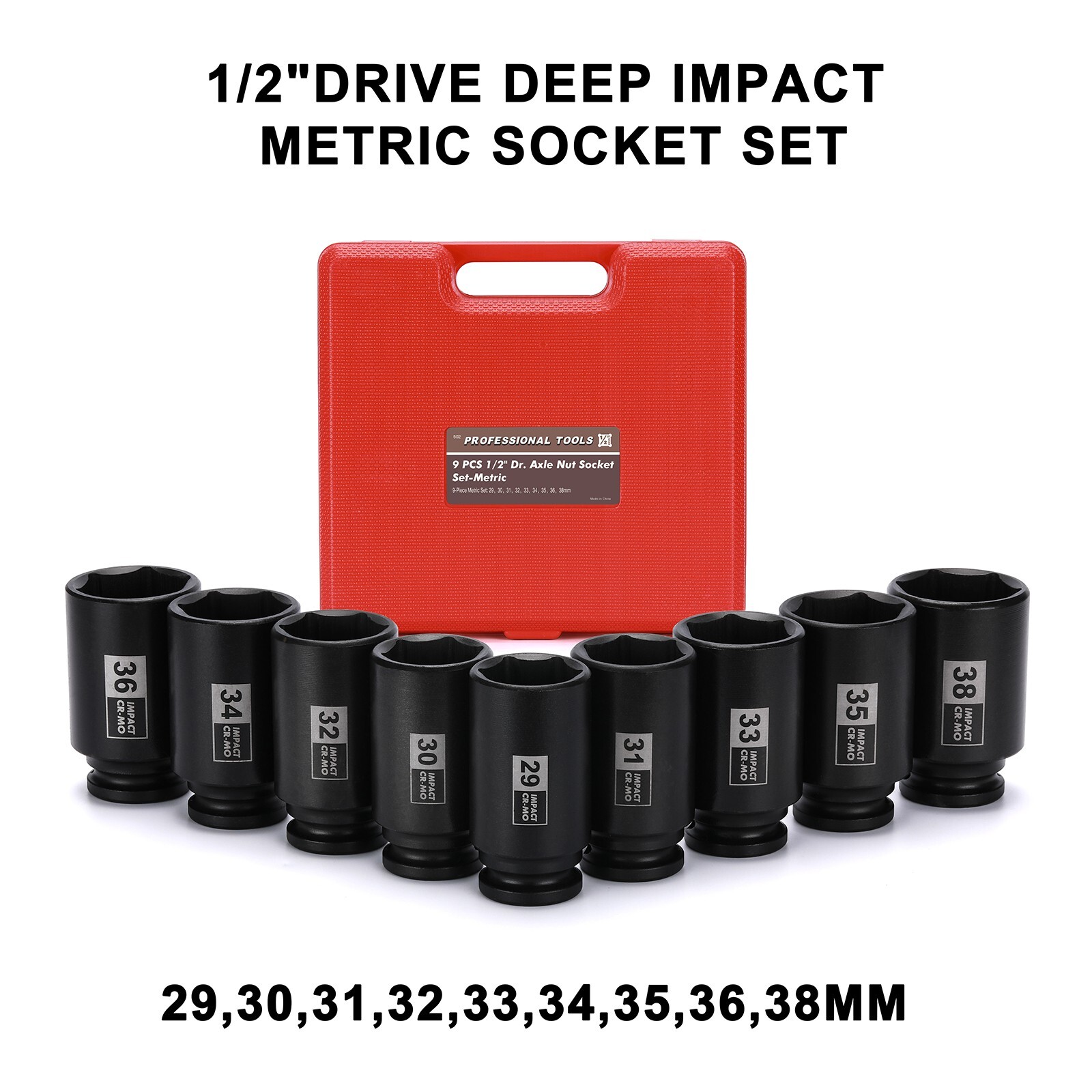 9PCS 1/2″Dr. Deep Spindle Axle Nut Impact Socket Set, CR-MO, Metric Large Socket