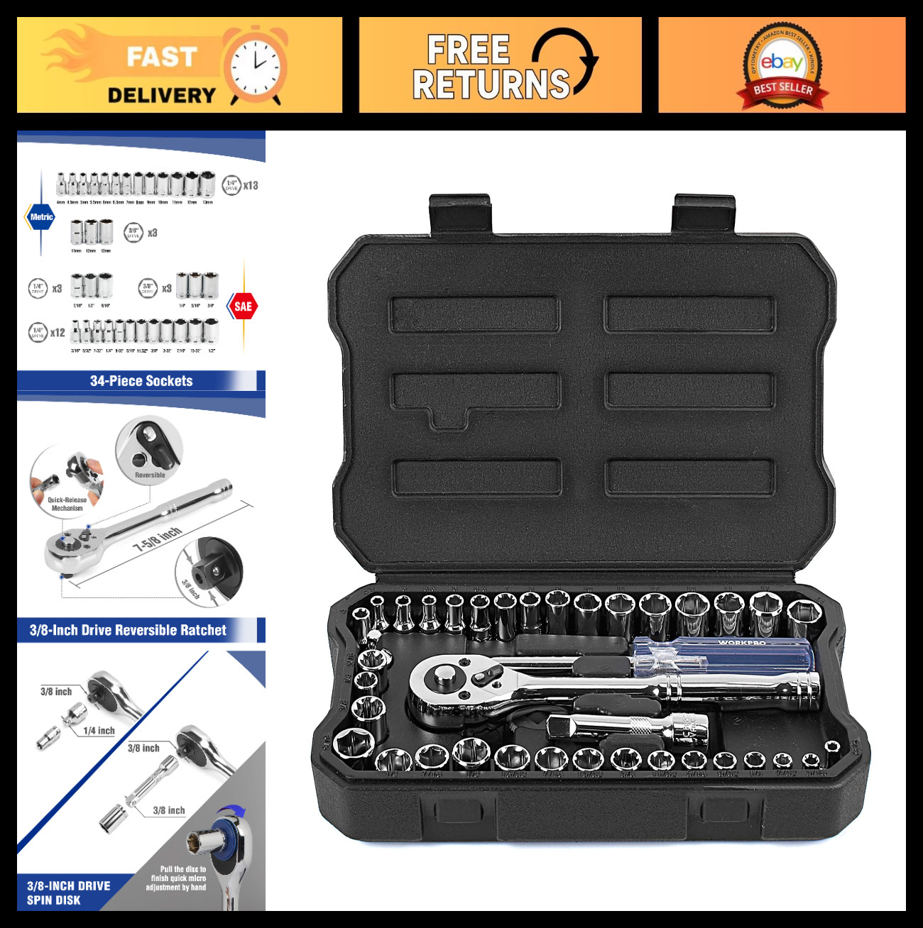 39-Piece Drive Socket Set – Metric & SAE, Quick-Release Ratchet, Extension Bar,