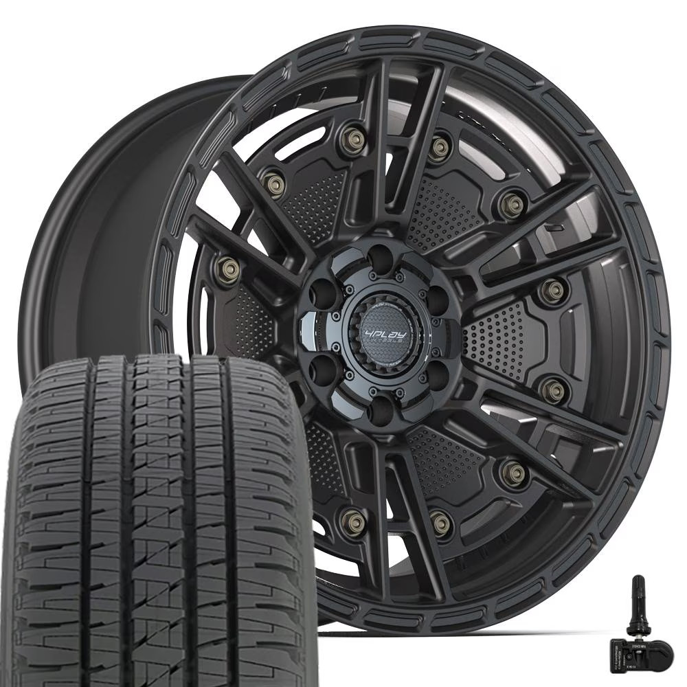 Set(4) 4PLAY 4PS01 20×9 Satin Black Rims, Bridgestone Tires & TPMS 6 Lug