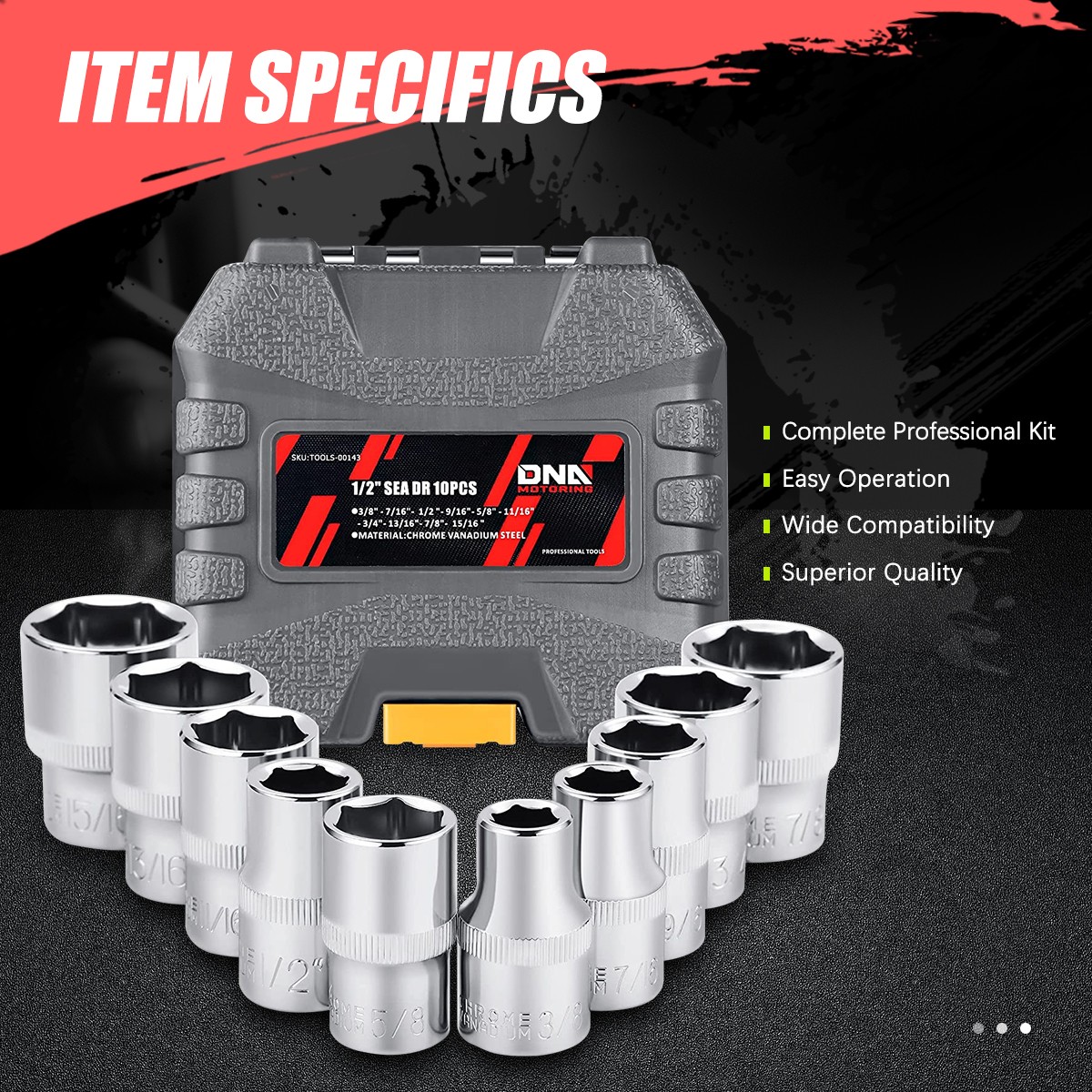 10Pcs 1/2-Inch Chrome Vanadium Steel Drive SAE Impact Socket Set w/Storage Case