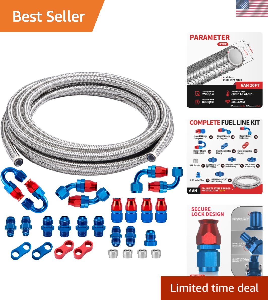 6AN PTFE Fuel Line Kit 20FT Stainless Steel Braided Compatible With EFI LS