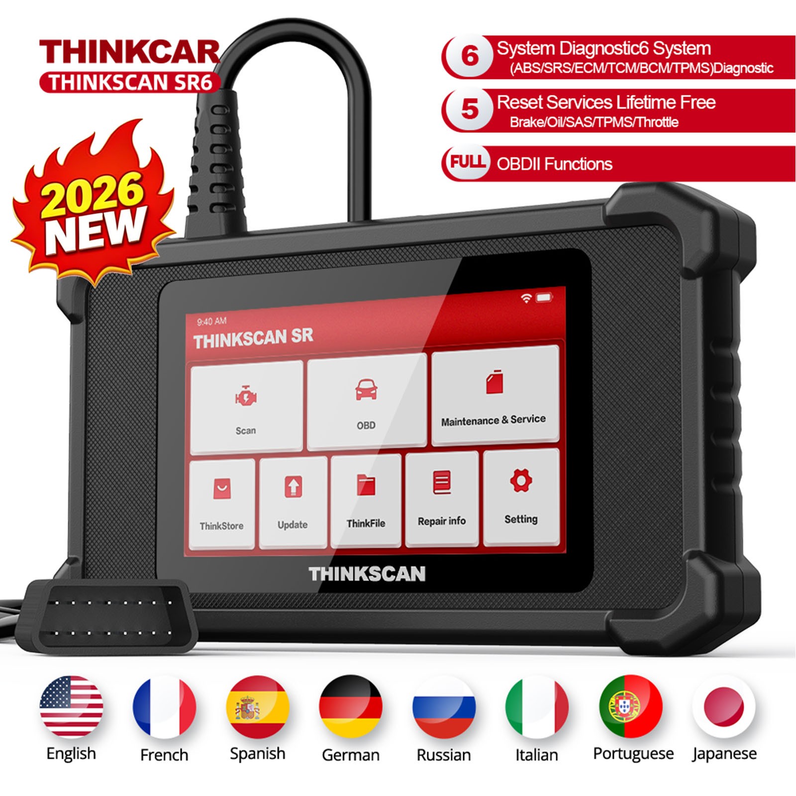 2026 THINKCAR SR6 OBD2 Scanner ABS SRS Diagnostic Tool Oil SAS EPB TPMS Reset