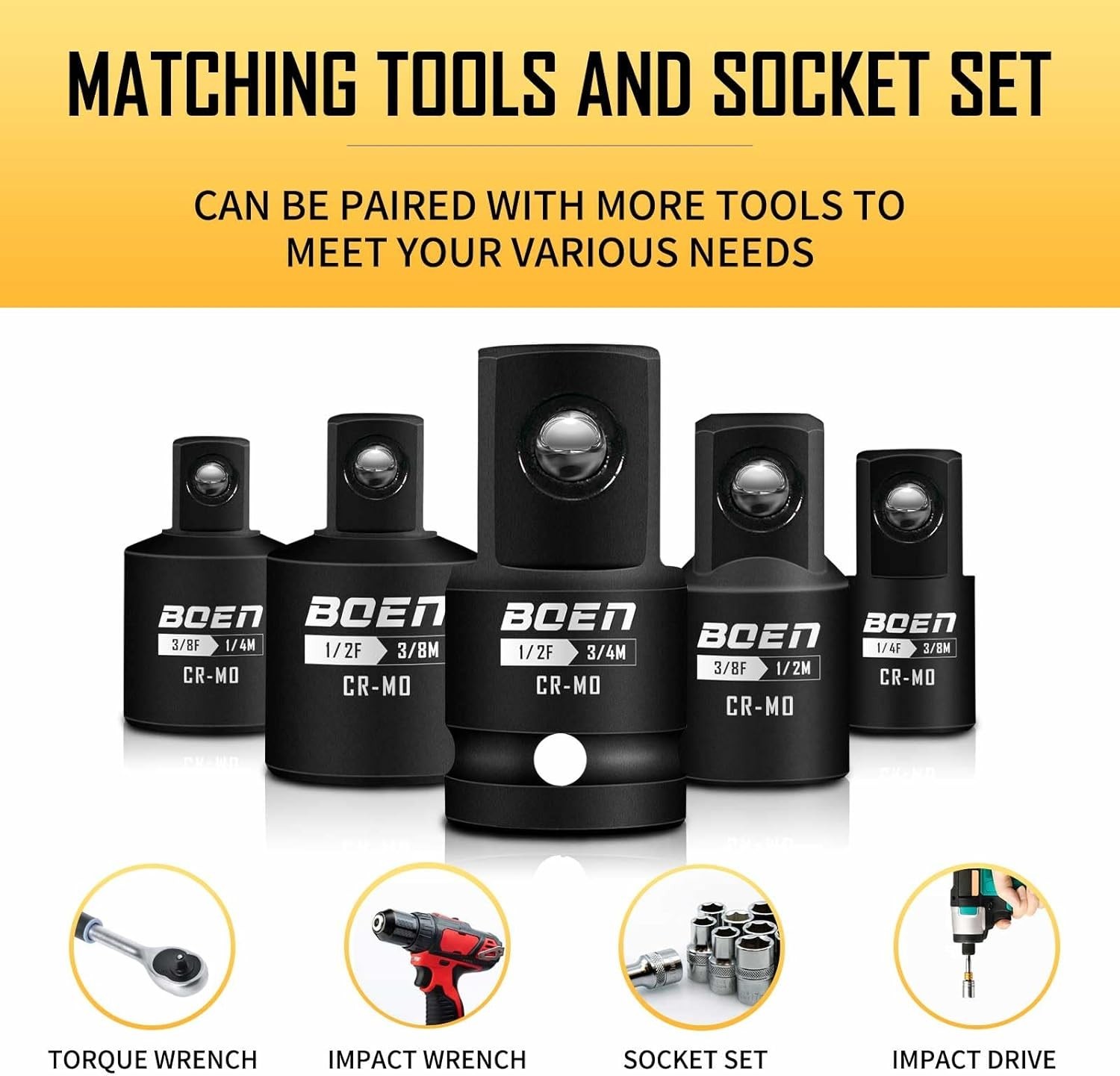 Versatile SAE Impact Adapter Set – 5 Piece CR-MO Steel, Perfect for Home Repairs