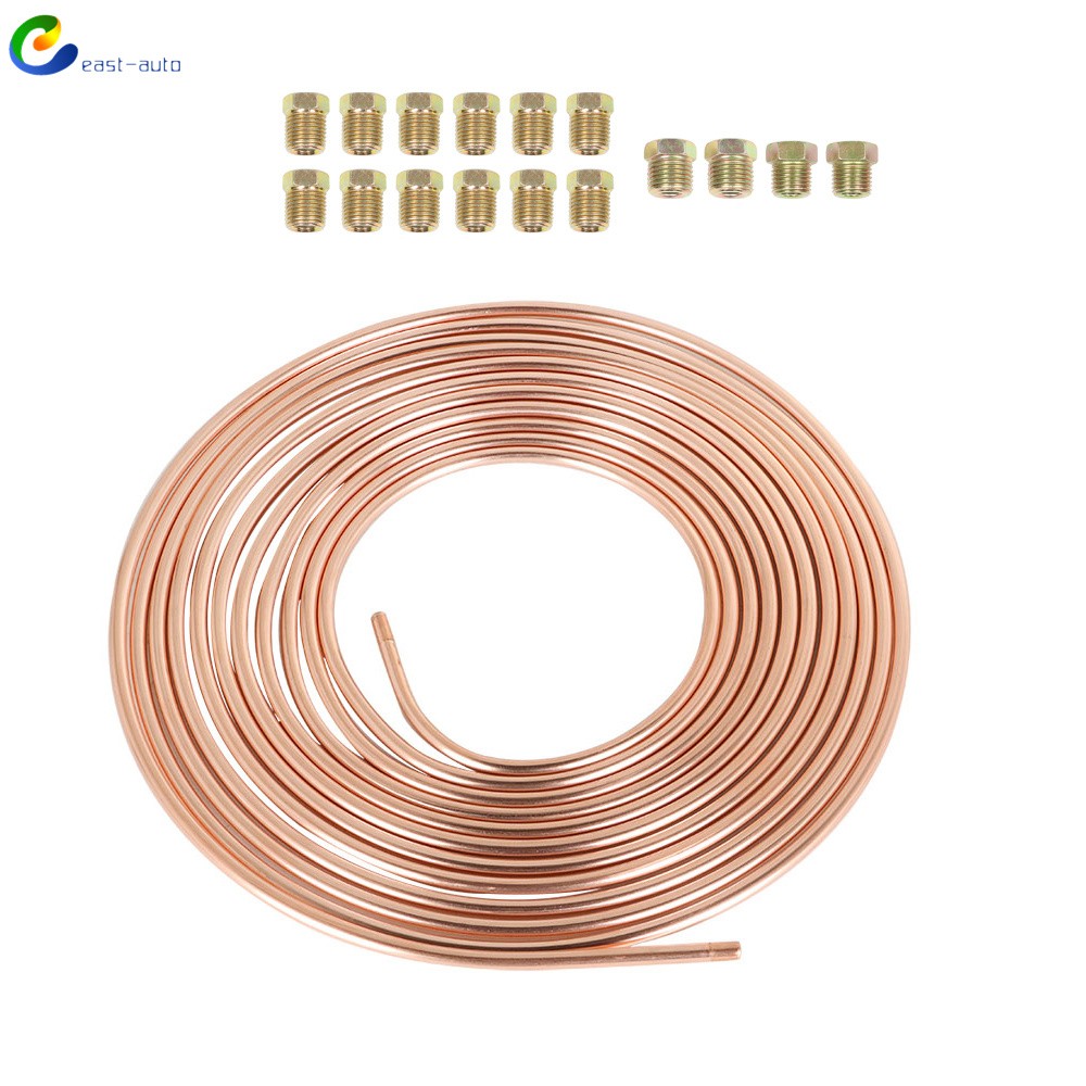 25 Ft Coil Roll 1/4 OD w/ 16 Fittings Copper Plated Brake Line Tubing Kit