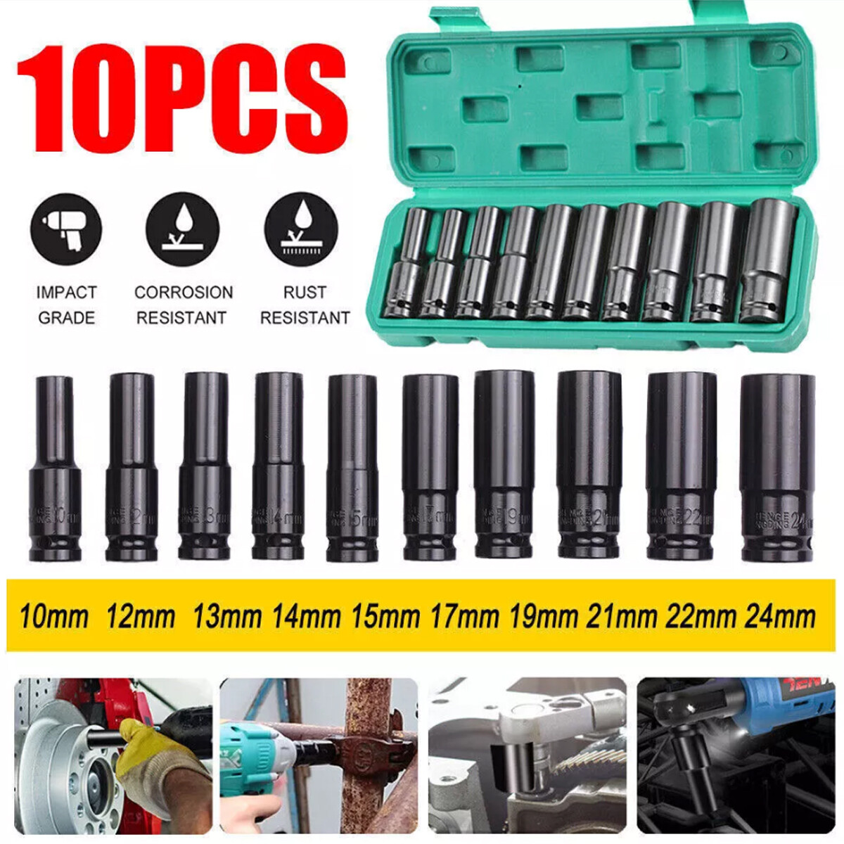 10PCS 1/2″ Deep Impact Socket Set Drive 6 Point Metric Garage Tool 10 – 24mm USA