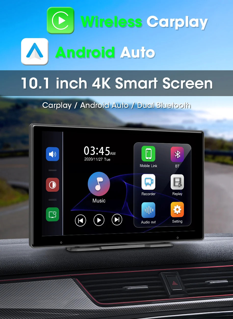 10 Inch DVR 4K Dashcam Wireless Carplay Android Auto Dual Lens Camera