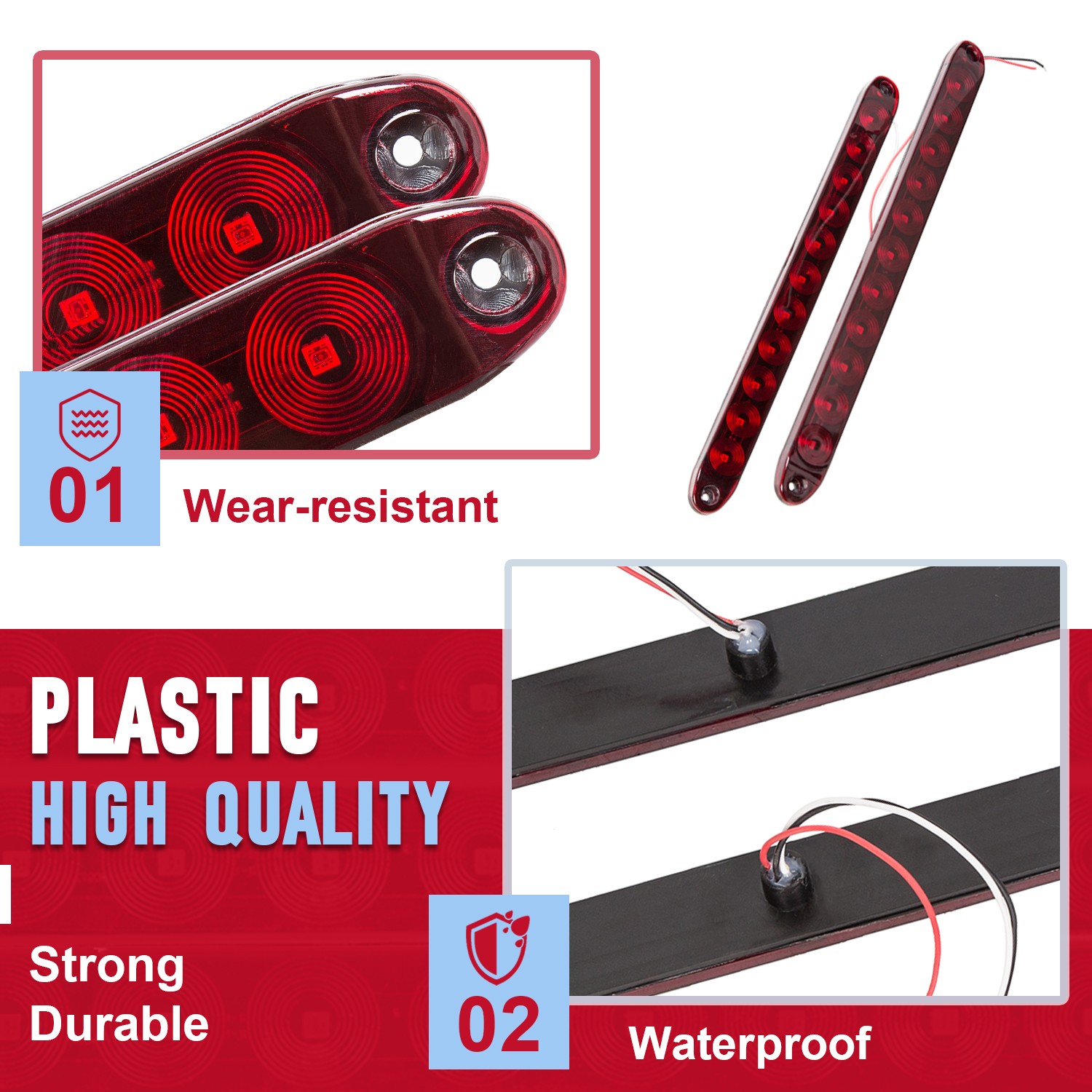 2×16″ 11 LED Red Sealed Truck Trailer Brake Stop Turn Tail Submersible Light Bar