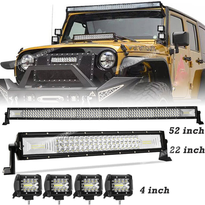 52” inch LED Light Bar + 22” + 4″ Pods Combo Kit for Jeep Wrangler JK TJ YJ CJ