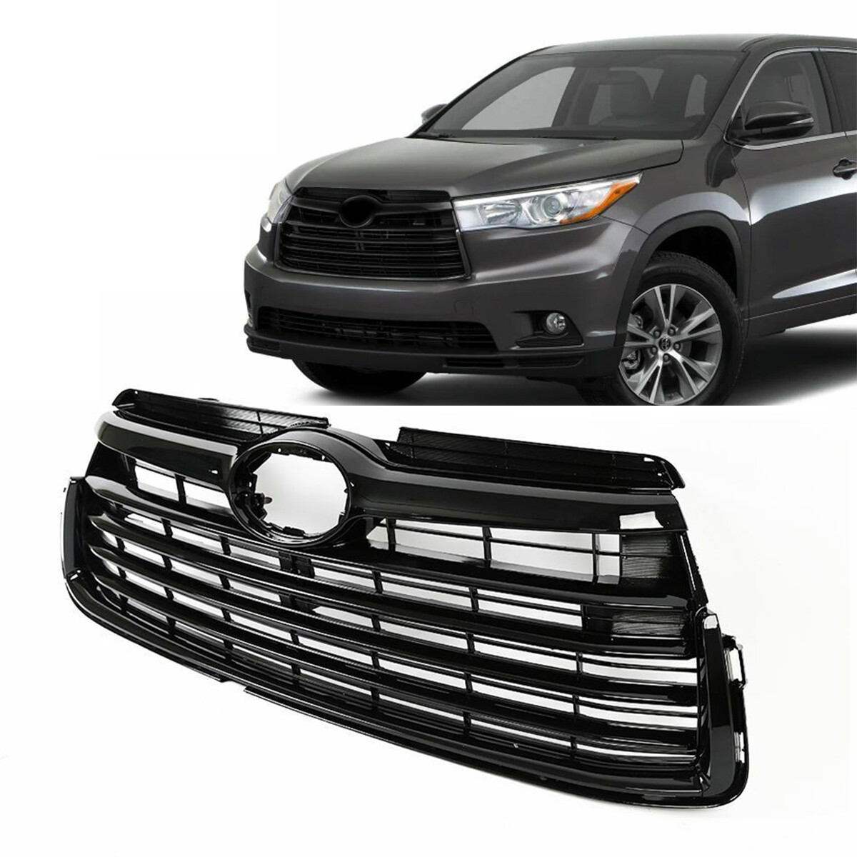 For 2014 2015 2016 Toyota Highlander Gloss Black Front Bumper Upper Grill Grille