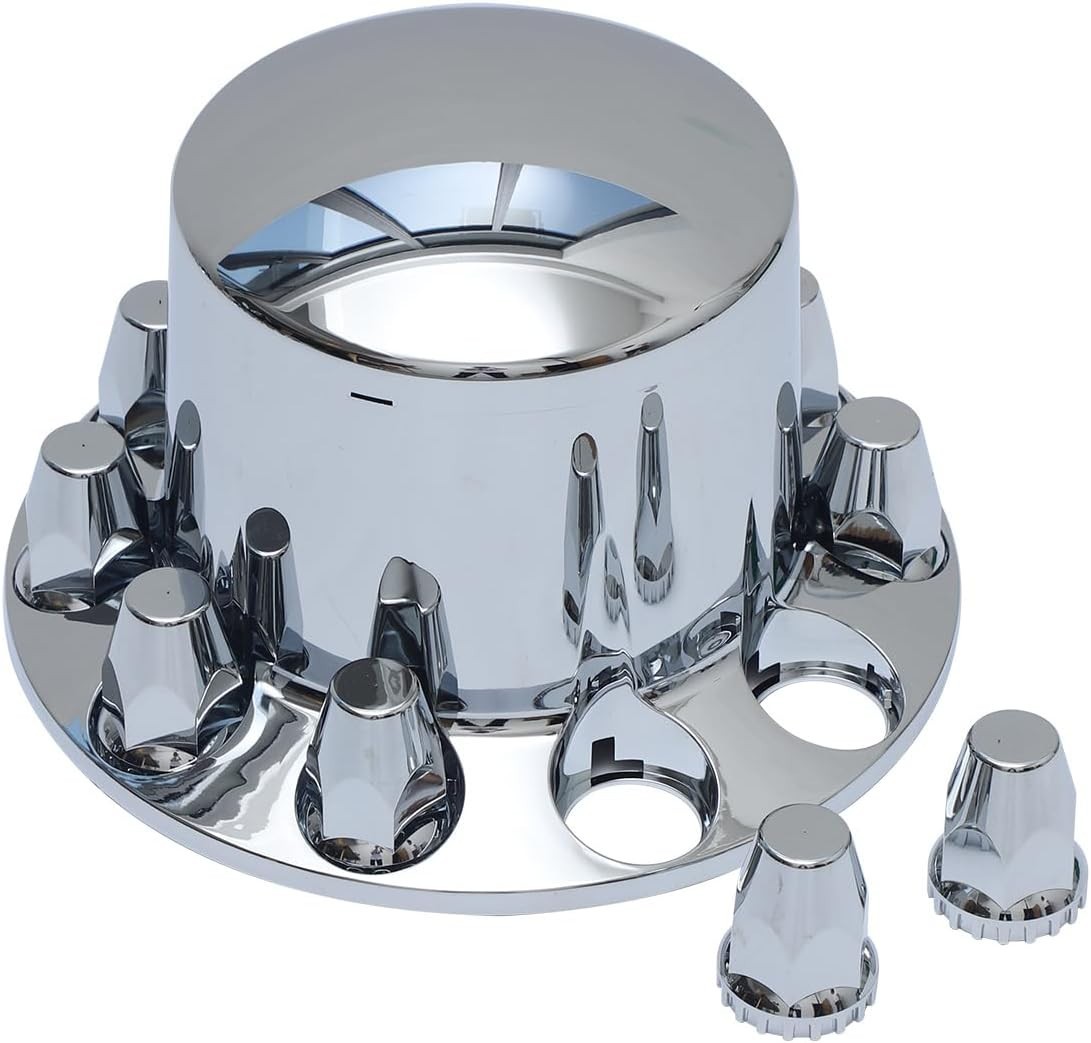 Chrome Plastic Semi Truck Wheel Axle Cover w/33mm Lug Nut Front & Rear Thread-On