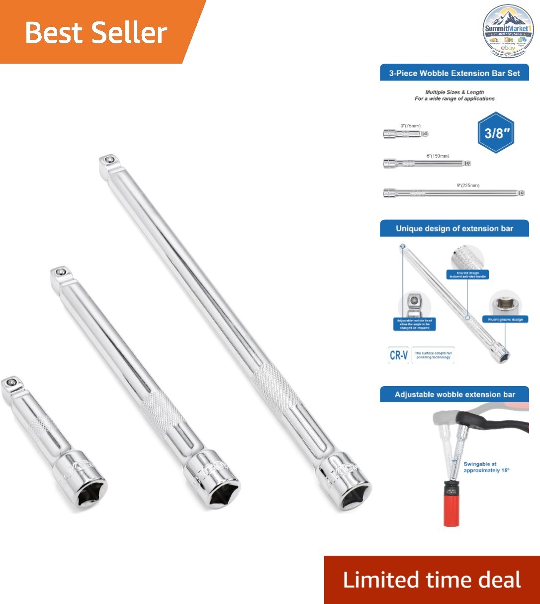 3/8 Inch Drive Wobble Extension Set 3 Pieces Chrome Vanadium Steel 3, 6, 9 Inch