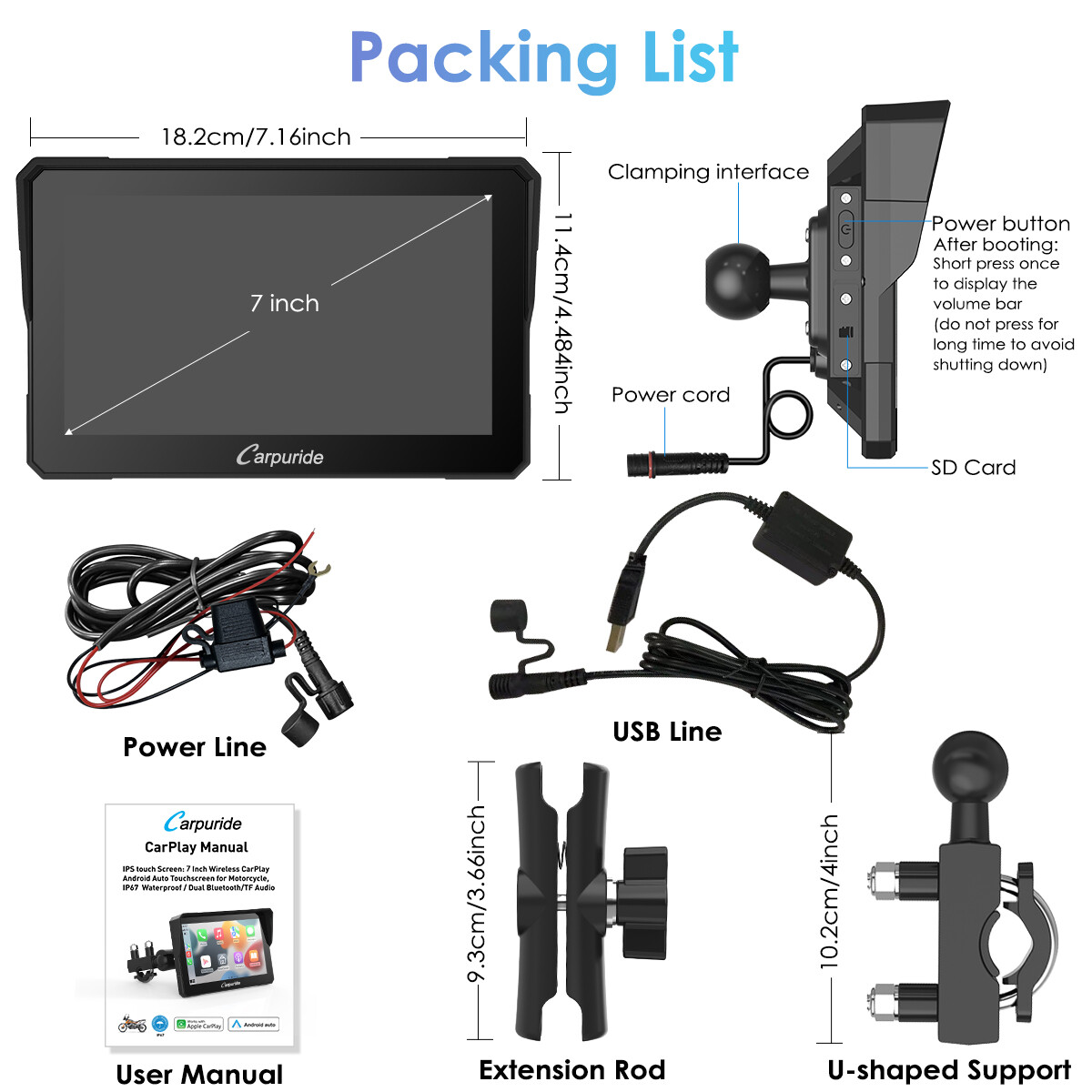 Carpuride Motorcycle Stereo Bluetooth Radio Wireless Apple CarPlay Android Auto