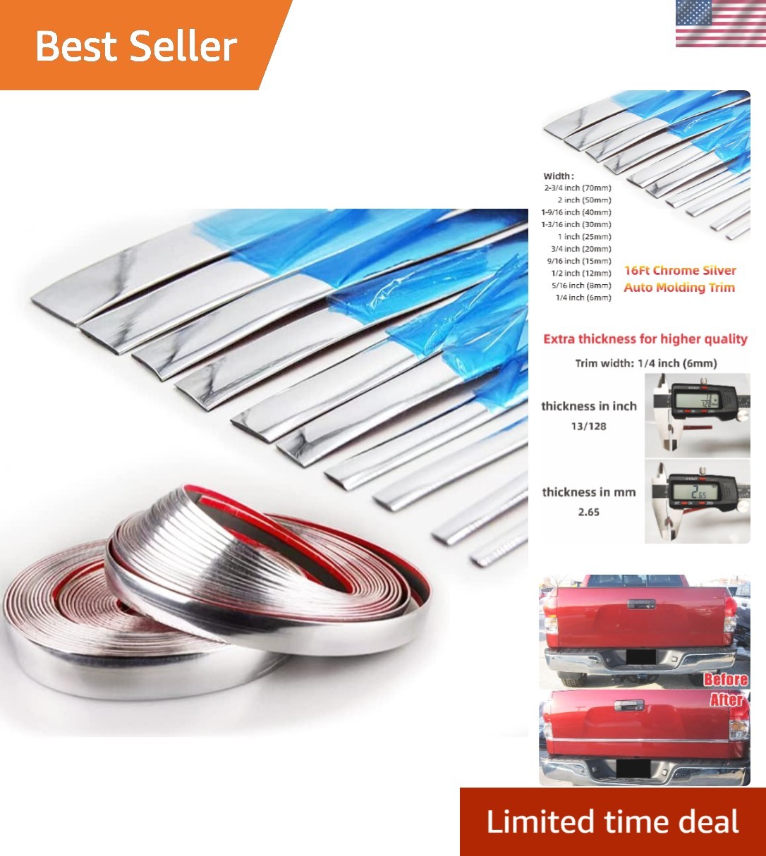 Durable 16Ft Self-Adhesive Chrome Car Trim – Universal Fit for Multiple Surfaces