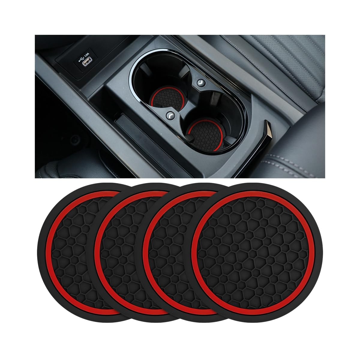 ANFTDCO 4PCS Car Cup Holder Coasters, Non-Slip Dustproof Automotive Black/Red
