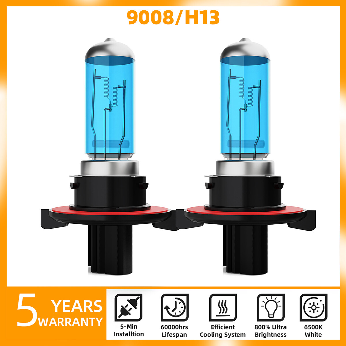 2PCS H13/9008 Halogen Headlight Bulbs Kit High/Low Beam 5000K Warm White Bright