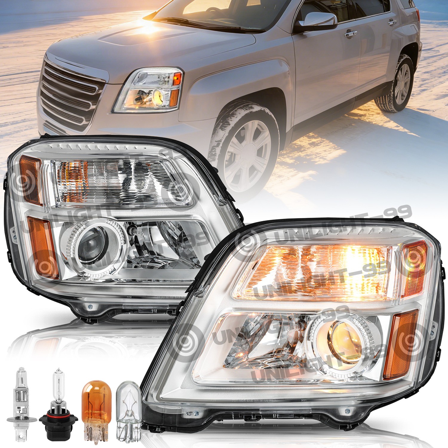 W/ Bulbs Halogen Headlights For 2016-2017 GMC Terrain SLE/SLT Chorme Left+Right