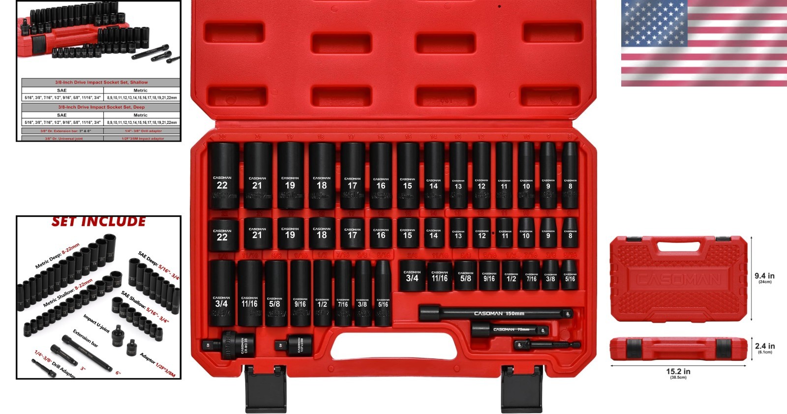 3/8″ Drive Impact Socket Set, 49 Piece Standard SAE and Metric Sizes 5/16-Inc…