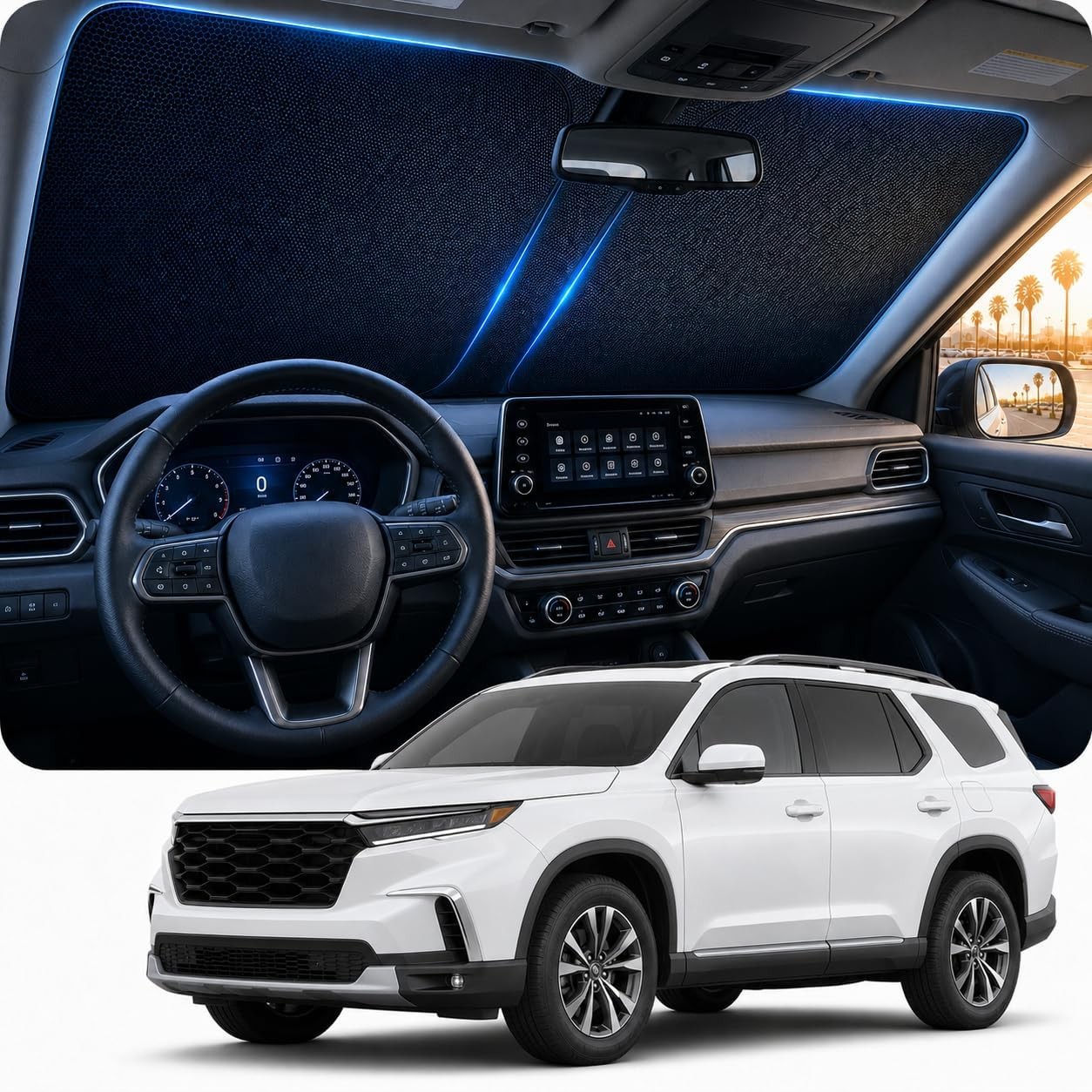 Sun Shade for Honda Pilot 2016-2025, 100% UV Protection, Cooling Ice-Crystal Des
