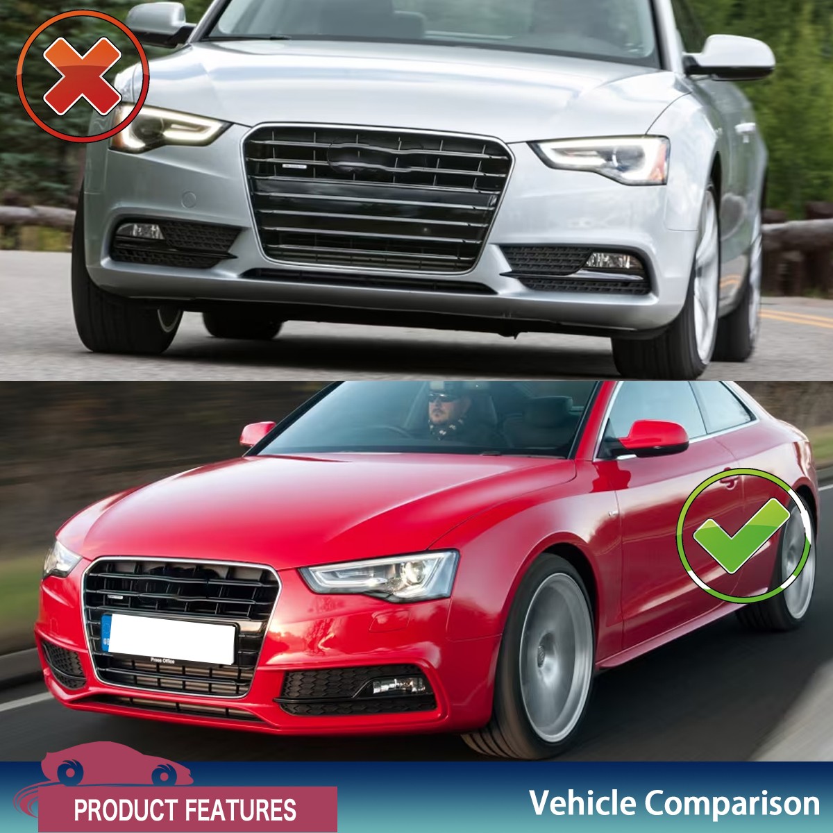 For Audi A5 S5 B8.5 S-line RS5 Style 13-16 Front Upper Grille w/ Fog Light Cover