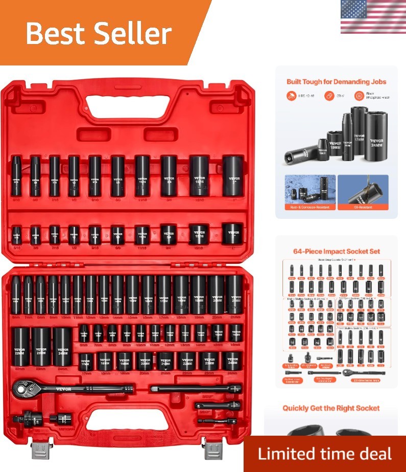 Durable 64-Piece Impact Socket Set – Chrome Vanadium Steel & Easy-Read Markings