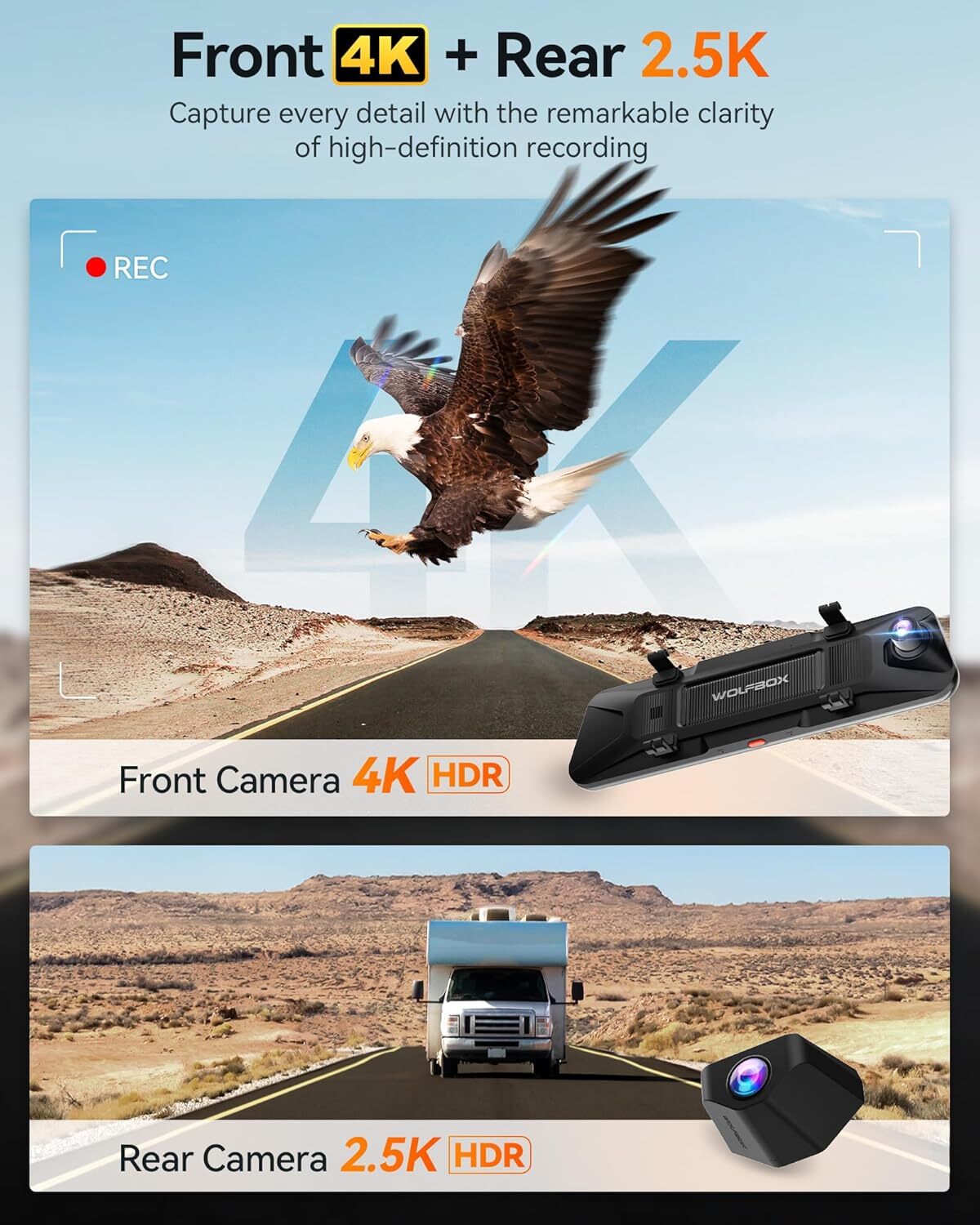 WOLFBOX G900Pro 12MP WiFi Touch Screen Rear View Mirror Dash Cam Smart Mirror