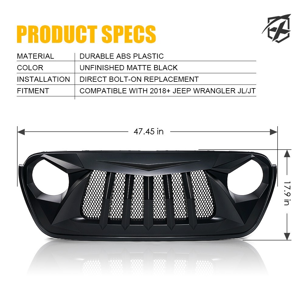 Matte Black Front Grille Grid Grill For 2018-2024 Jeep Wrangler JL Gladiator JT