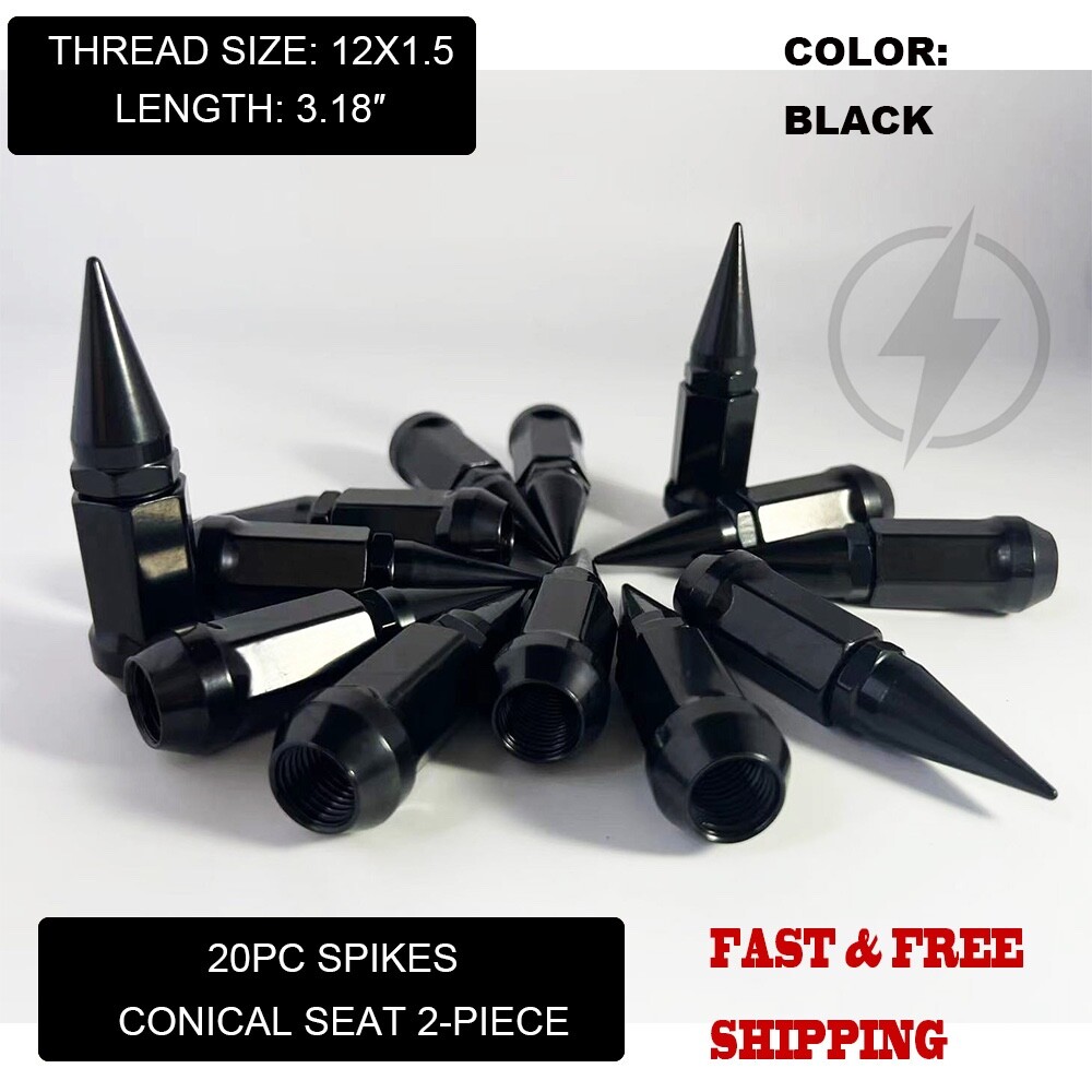 20 Black 3.18″ Spike Lug Nuts M12x1.5 For Aftermarket Wheels 60° Conical Seat