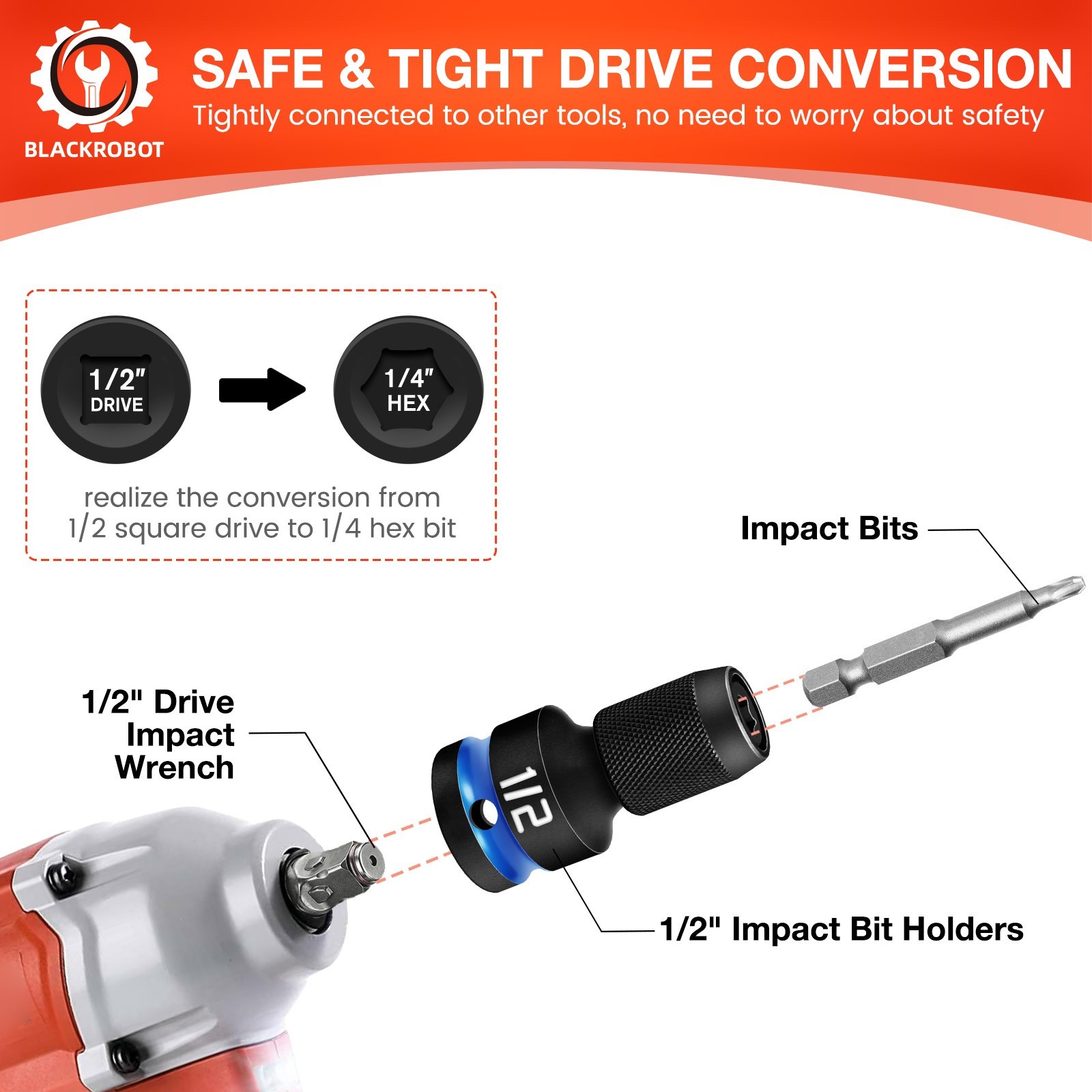 Impact Bit Holders 1/2-Inch Square Drive to 1/4-Inch Hex Socket Adapter