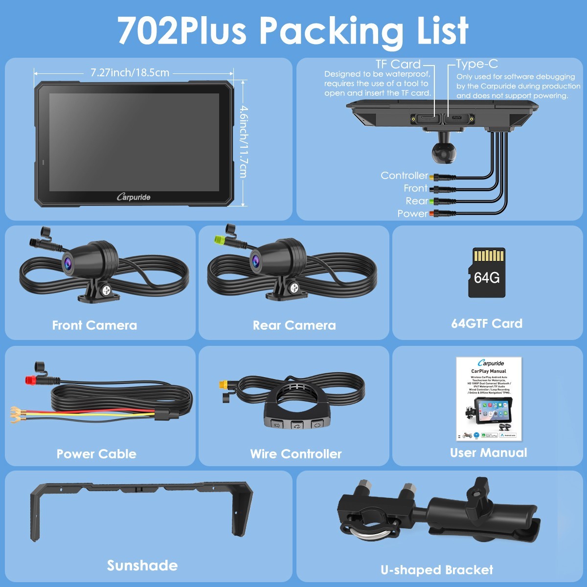 Carpuride W702 Plus Wireless Moto Stereo Install Apps Built in GPS Dual Cameras
