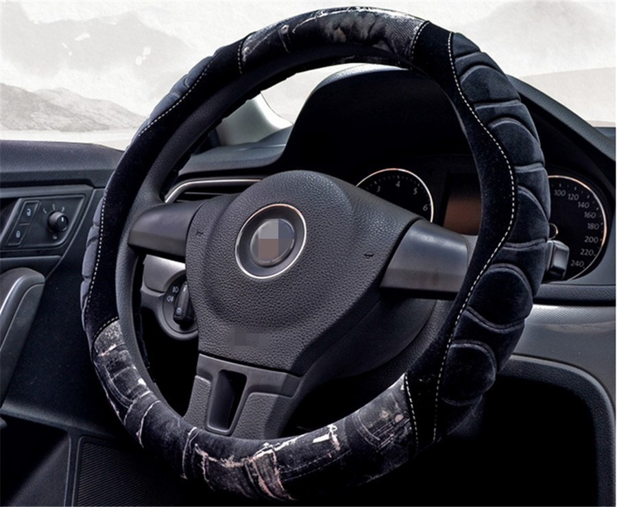 1PC New Black&Gray Short Plush Non-Slip Car 38cm Universal Steering Wheel Cover