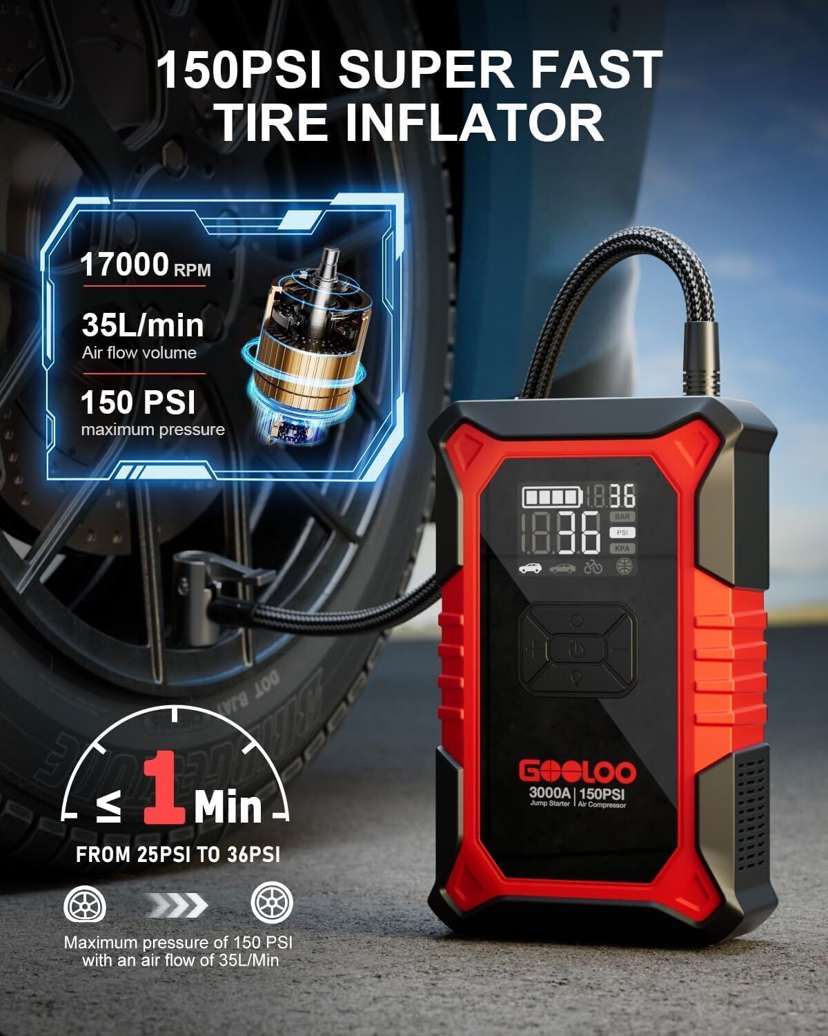 GOOLOO A3 Jump Starter with Air Compressor 3000A Portable Car Battery Booster
