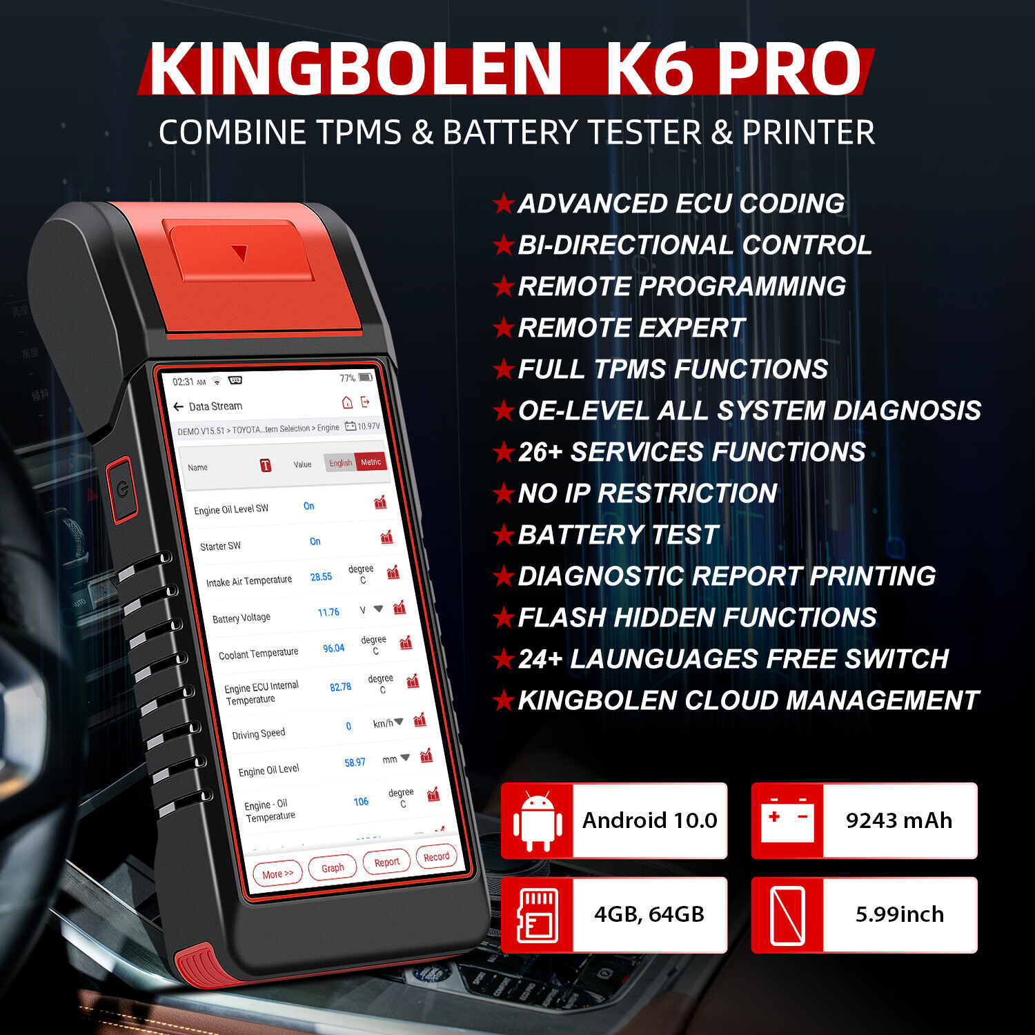 KINGBOLEN K6 Pro TPMS Programming Scanner Bidirectional OBD2 Car Diagnostic Tool