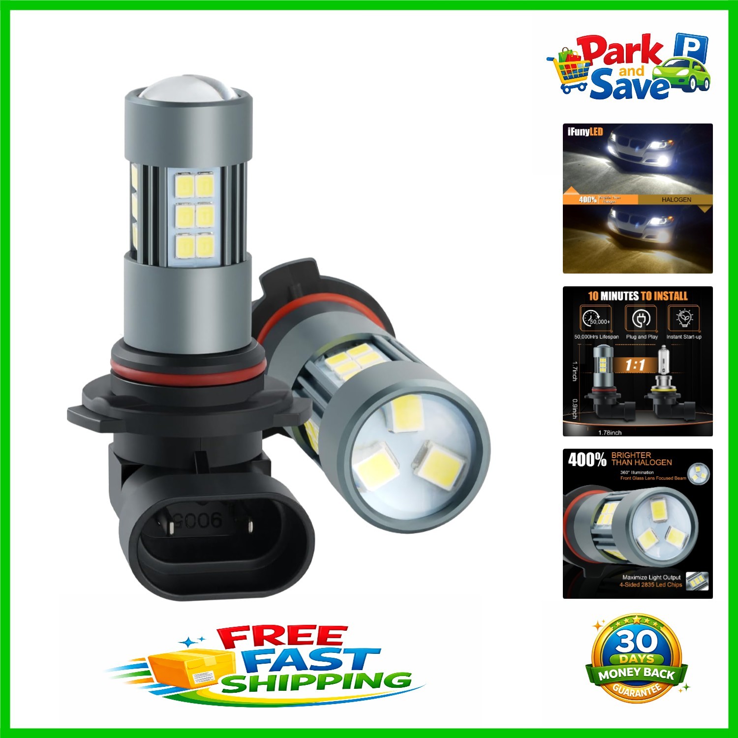 High-Power 9005 LED Fog Light Set – 50,000 Hours of Bright, Cool White Light