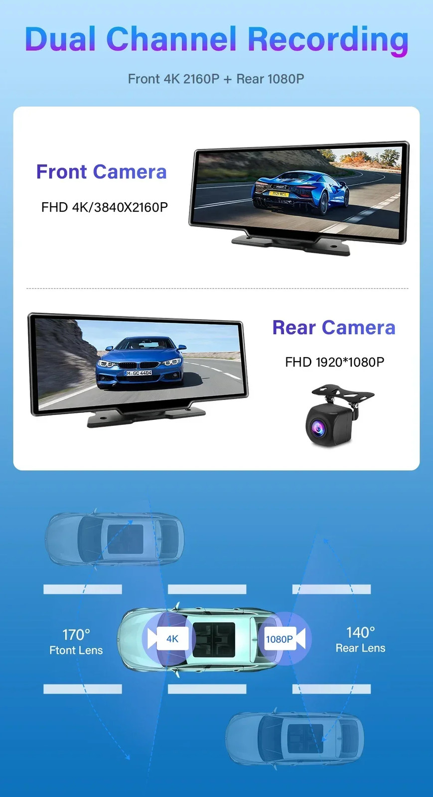 10.26 inch Dash Cam 4K Car DVR Wireless Carplay Android Auto GPS Navigation