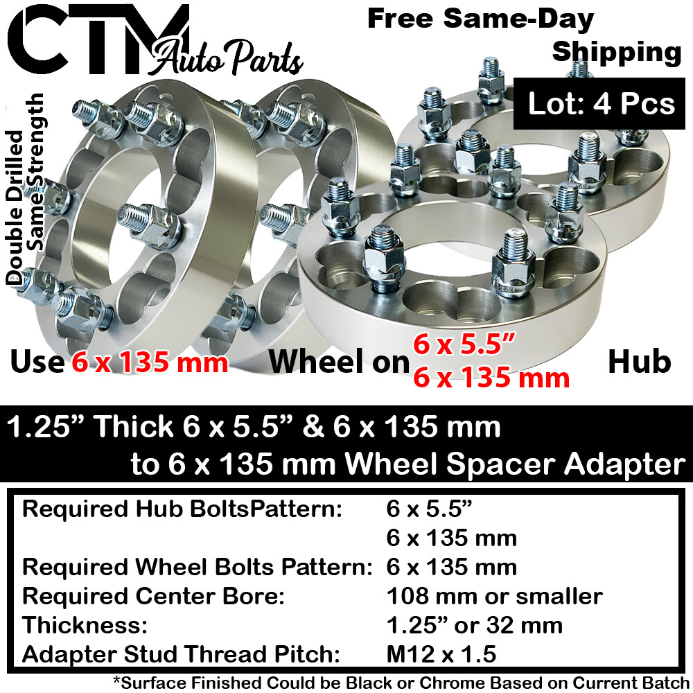 4x 1.25″ Thick 6×5.5(6×139.7) & 6×135 to 6×135 Wheel Spacer Adapter 12×1.5 Studs