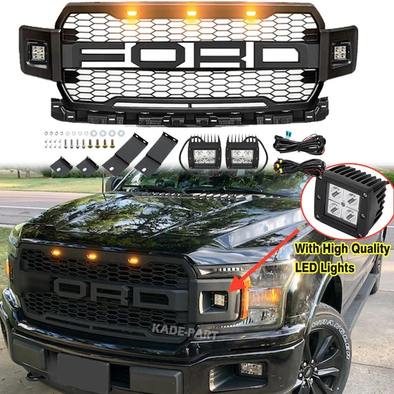 Front Grille For 2018-2020 Ford F150 Raptor Style Grill W/2Side Lights & Letters