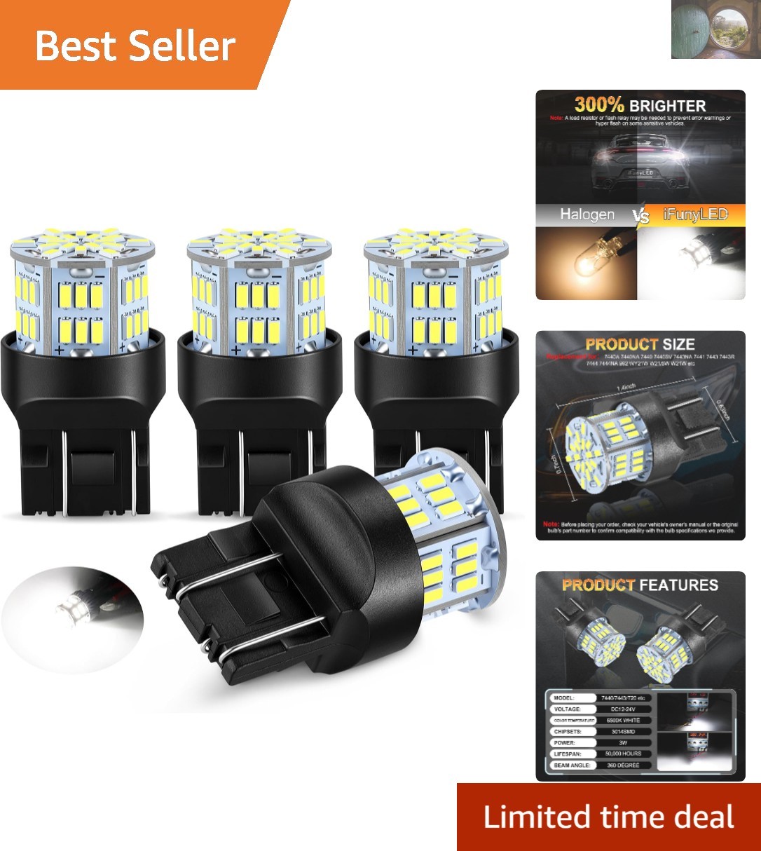 Long-Lasting 7443 LED Lights (4PCS) for Backup & Daytime Running – 50,000 Hours
