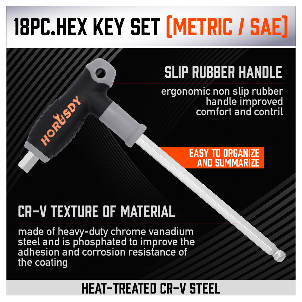 18 Pc SAE & Metric T Handle Allen Wrench Ball End Hex Key Set w/ Storage Stand