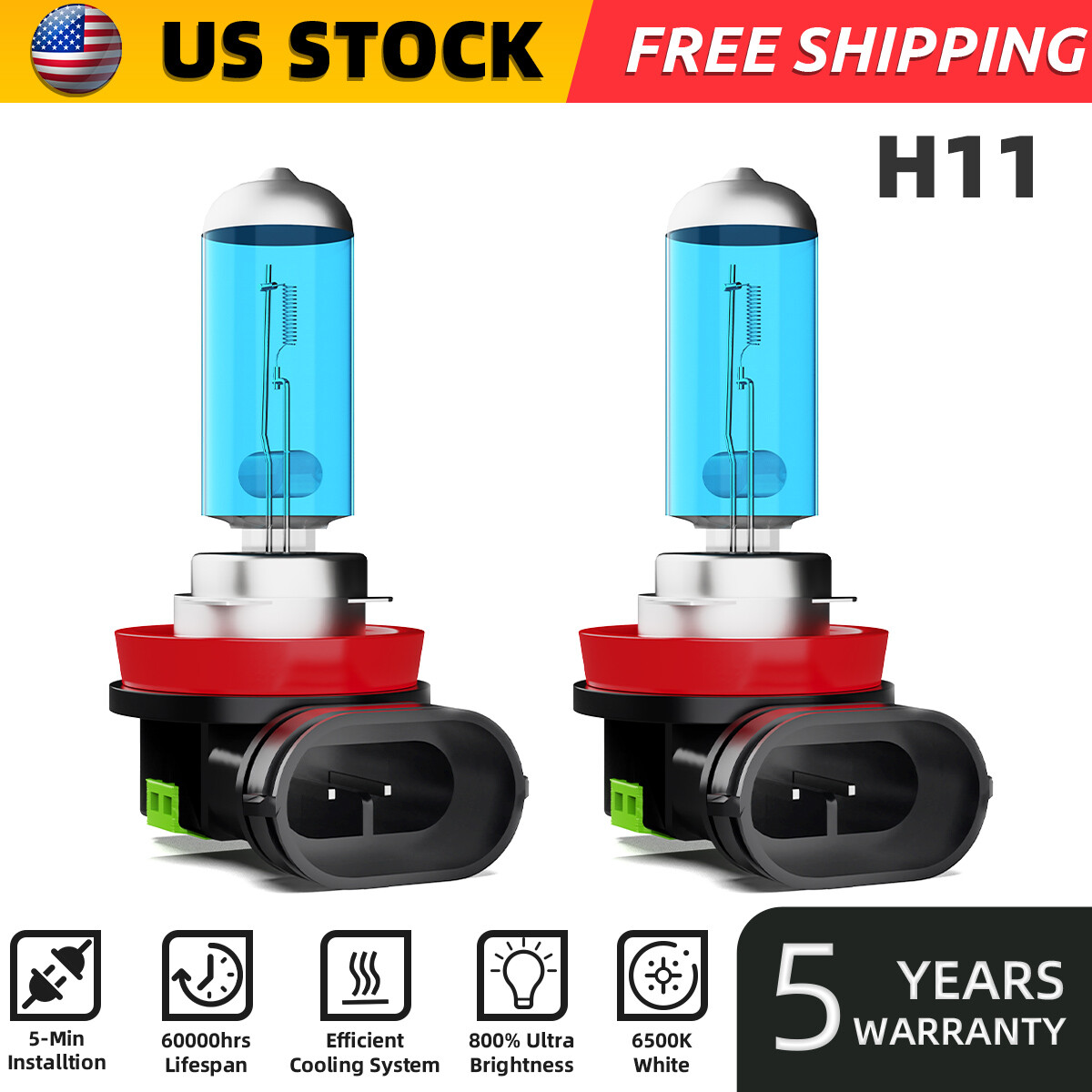 H11 Halogen Headlight Super Bright Bulbs Kit White 6000K High/Low Beam 2PCS