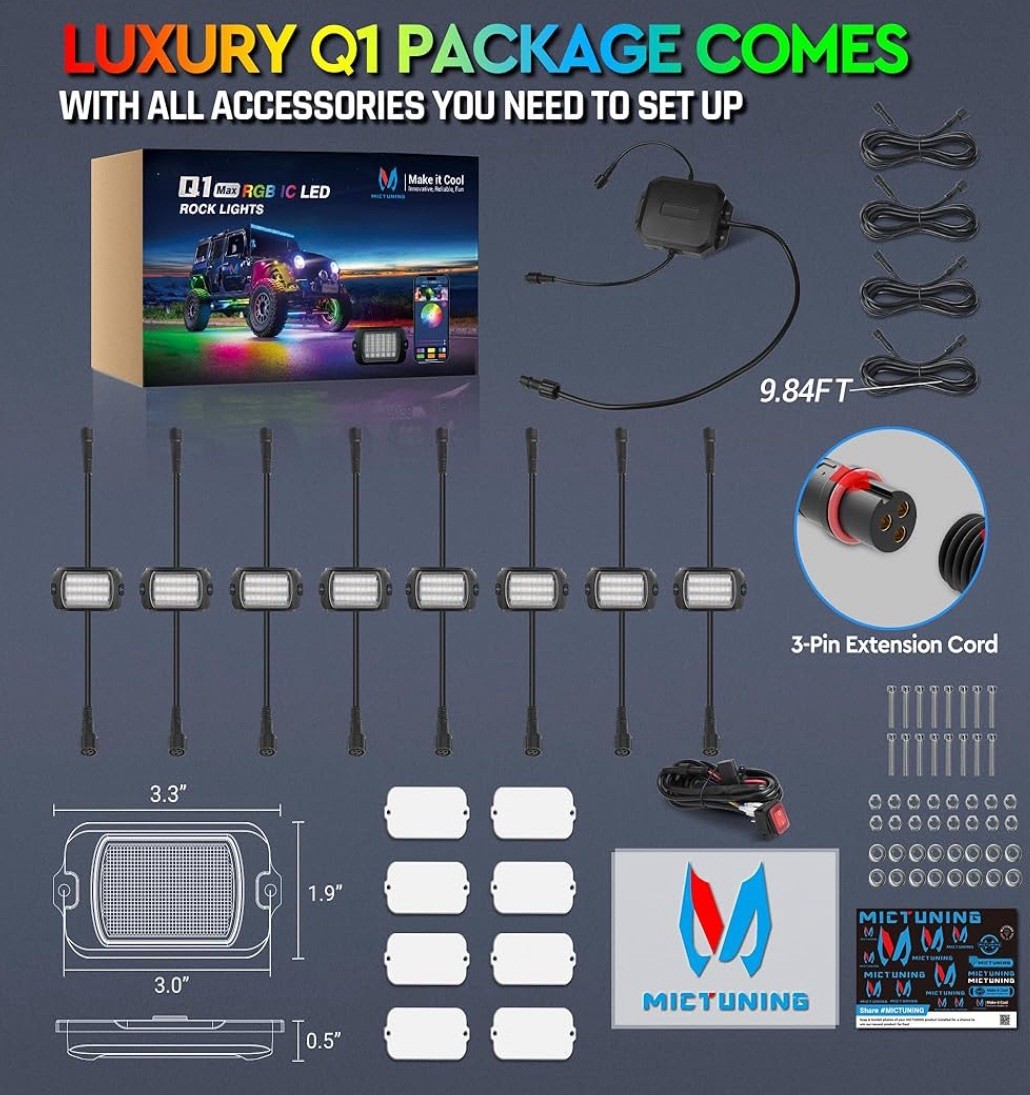 MICTUNING Q1 Max RGB+IC Rock Lights Chasing Dream Color – 8 Pods Underglow Light