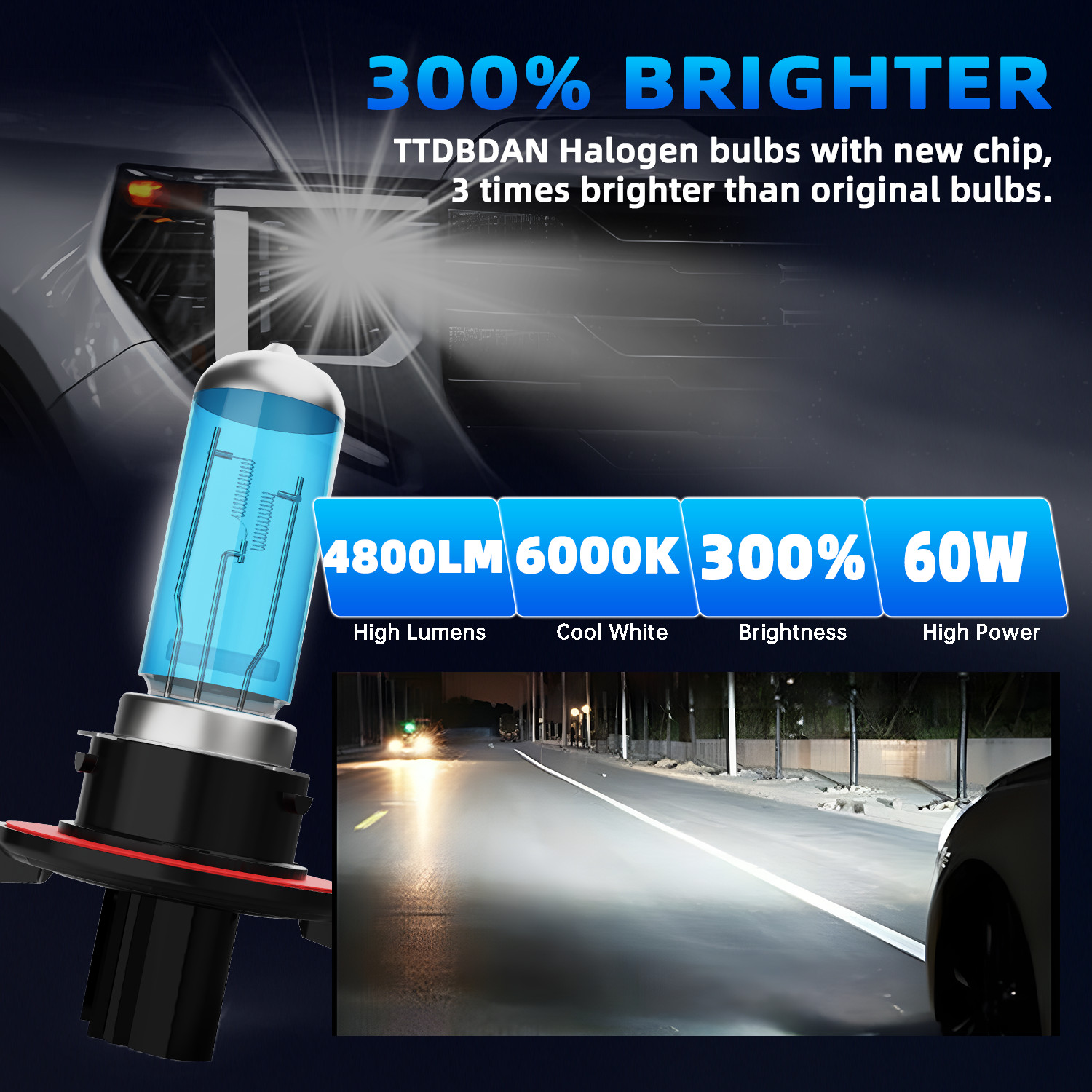 2PCS H13/9008 Halogen Headlight Bulbs Kit High/Low Beam 5000K Warm White Bright