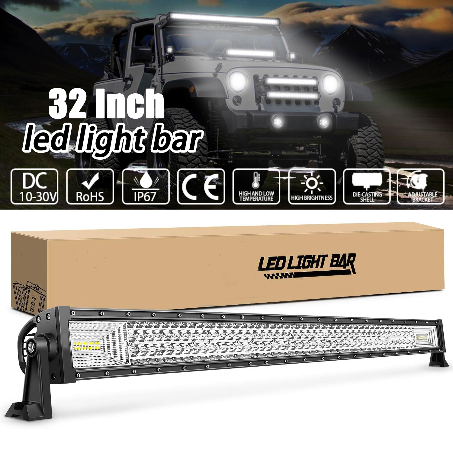 32 Inch LED LIGHT BAR Tri Row Spot Flood Combo Truck Offroad 4WD ATV SUV Light
