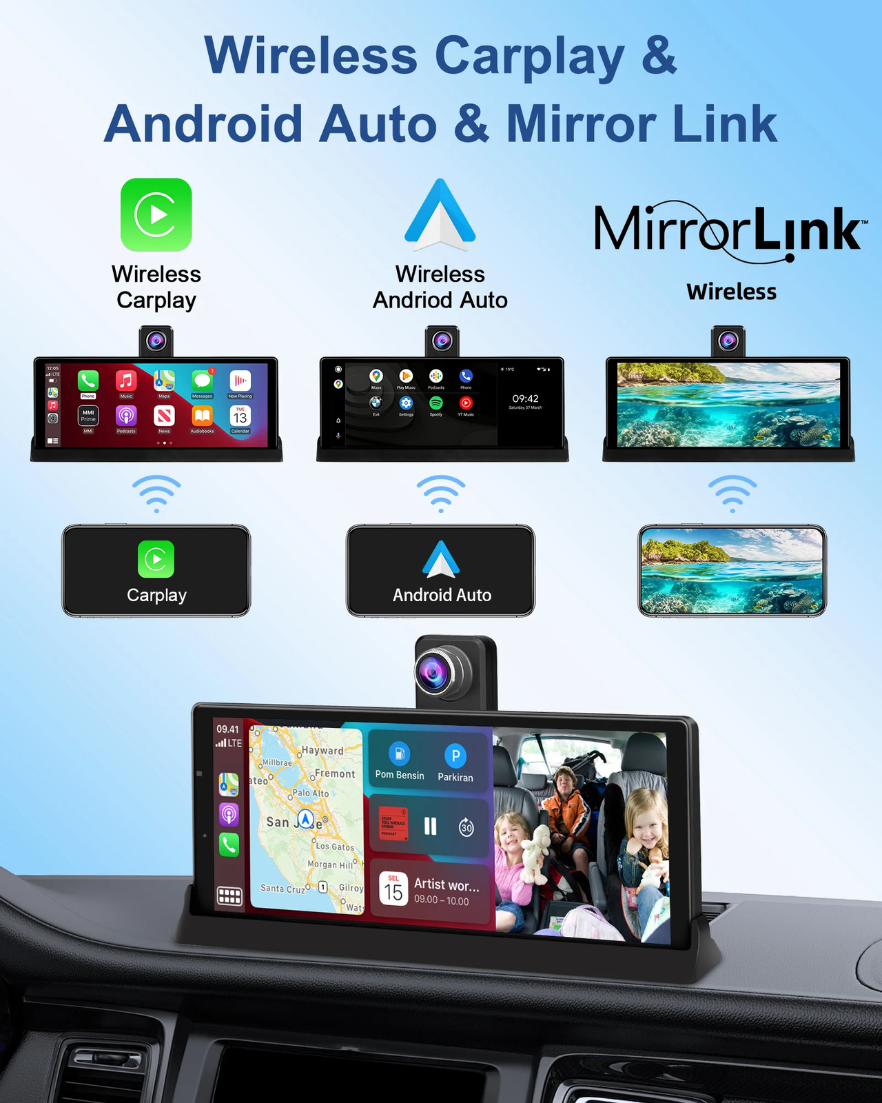 7″/10.26″ 4K ADAS Dash Cam Wireless Carplay Android Auto Car DVR GPS Navigation