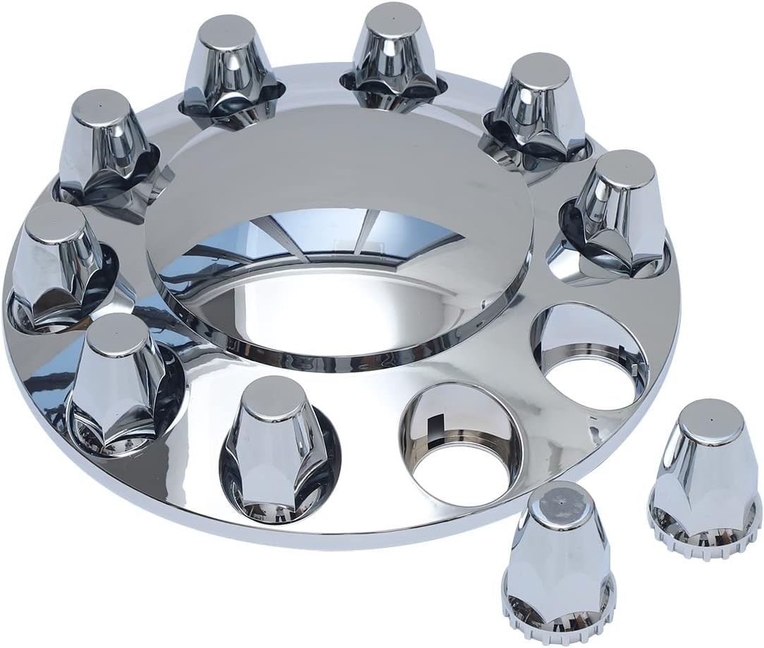 Chrome Plastic Semi Truck Wheel Axle Cover w/33mm Lug Nut Front & Rear Thread-On