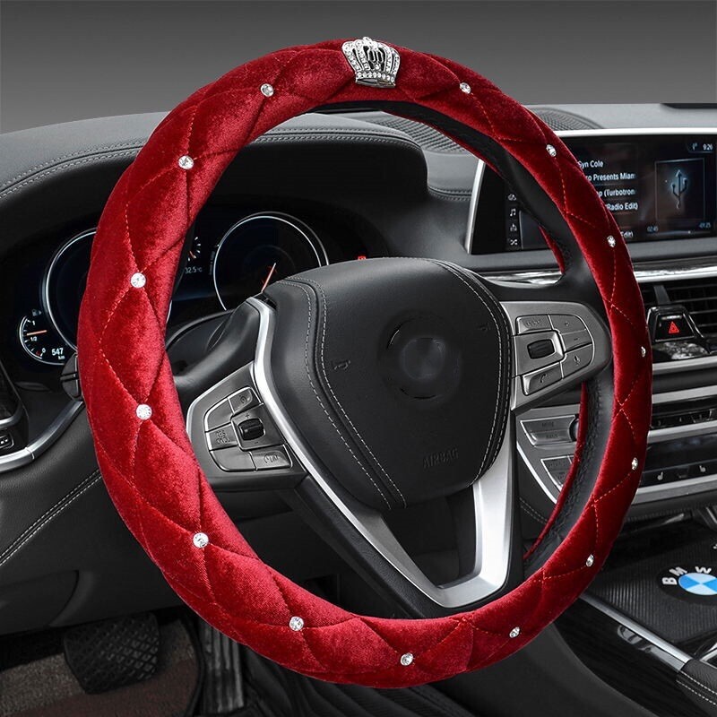 Luxury Short plush Car Steering Wheel Cover 38cm Rhinestone Crown Bling Diamond