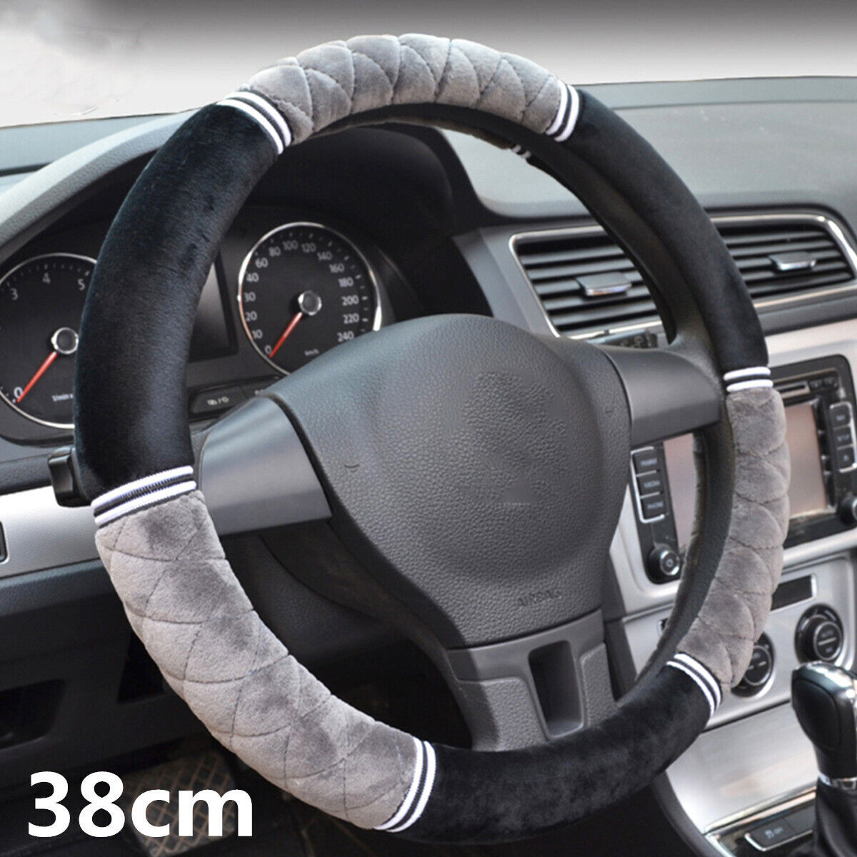 38cm 3D Winter Short Plush＋Leather Car Steering Wheel Anti-skid Protector Cover