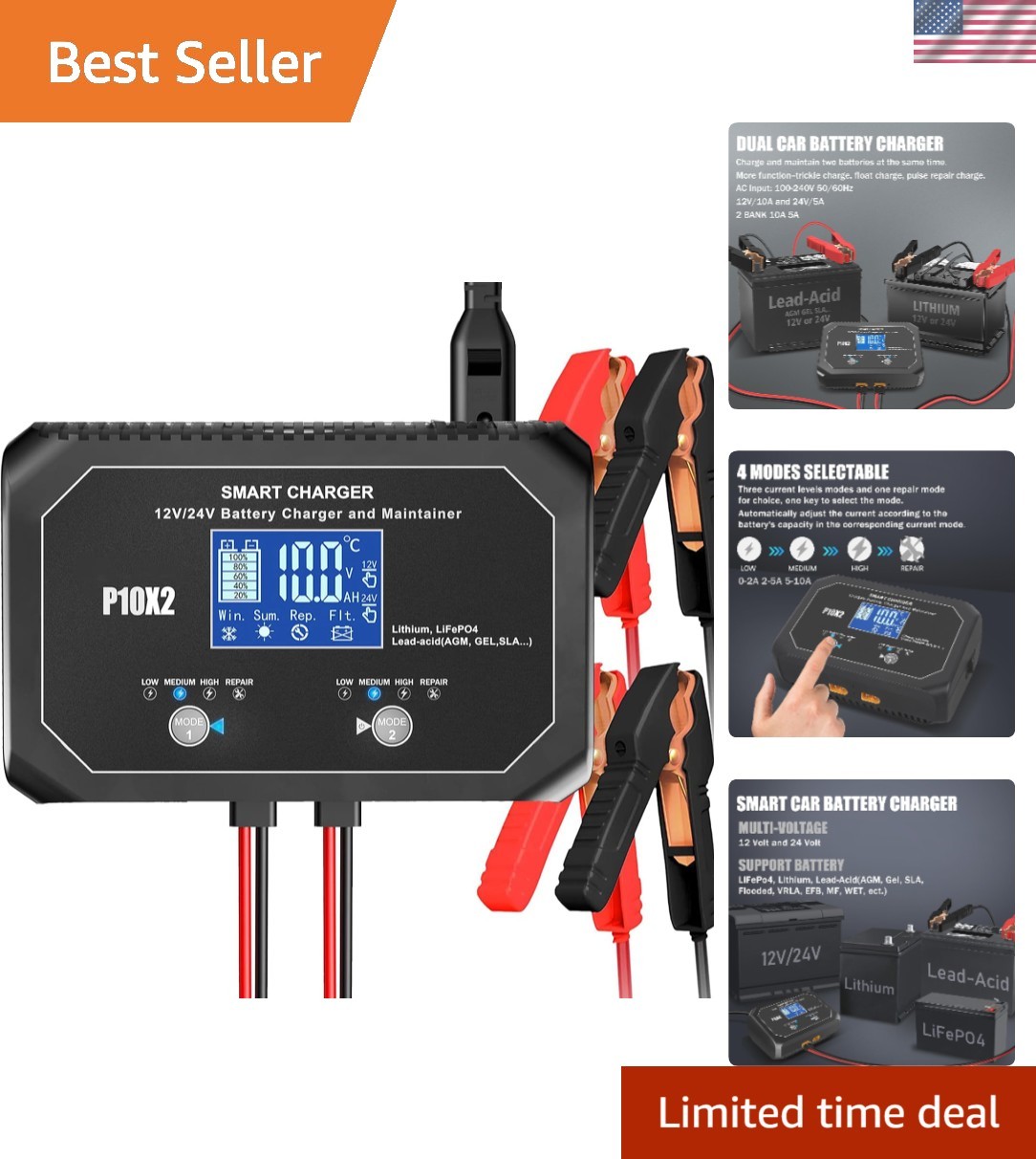 2-Bank 20A10A/Bank Car Battery Charger, 12V 24V Automatic Automotive Charger,…